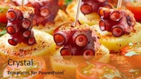  Presentation with edible oil - Amazing slides having edible oil - galician octopus a la gallega backdrop and a gold colored foreground