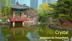  Presentation with public food units - Colorful PPT theme enhanced with edifice - yeouido park public park pond backdrop and a tawny brown colored foreground