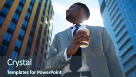  Presentation with urban - Presentation theme featuring edifice - young businessman with drink background and a  colored foreground