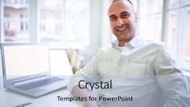  Presentation with laptop - PPT theme with edit document - portrait of smiling businessman sitting background and a light blue colored foreground