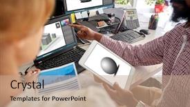  Presentation with modeling - Beautiful PPT layouts featuring editor on laptop screen chart backdrop and a coral colored foreground