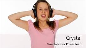  Presentation with music headphones - Cool new presentation theme with carved wooden porch with a door in the church in russia backdrop and a coral colored foreground.