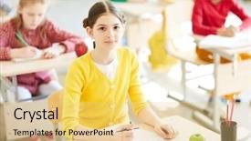  Presentation with crayon - Beautiful presentation theme featuring educacion - clever schoolgirl with crayon looking backdrop and a lemonade colored foreground