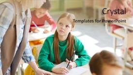  Presentation with listening - Presentation with educacion - diligent schoolgirl in green sweatshirt background and a  colored foreground