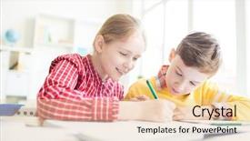  Presentation with classmates - Beautiful presentation theme featuring educacion - happy schoolgirl and her classmates backdrop and a  colored foreground