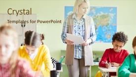  Presentation with teacher - Presentation design featuring educacion - strict teacher walking between rows background and a soft green colored foreground