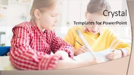  Presentation with classmates - Presentation with educacion - two diligents classmates looking background and a lemonade colored foreground