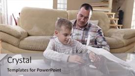  Presentation with living room - Slide deck featuring educaiton - father and son assembling airplane background and a  colored foreground
