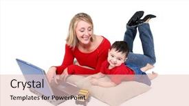  Presentation with time for sharing - Colorful presentation enhanced with computer in office male work backdrop and a mint green colored foreground.