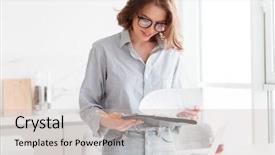  Presentation with home documents - PPT theme featuring educatio n - smiling attractive woman holding n background and a  colored foreground