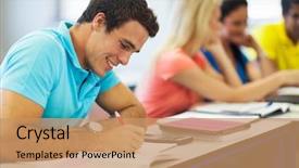  Presentation with cheerful - Presentation theme featuring education - cheerful male uni student studying background and a coral colored foreground