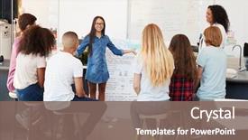  Presentation with science - Beautiful slide deck featuring education - schoolgirl presenting in front backdrop and a violet colored foreground