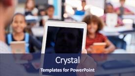  Presentation with class - Audience pleasing PPT theme consisting of education - teacher holding tablet in school backdrop and a navy blue colored foreground
