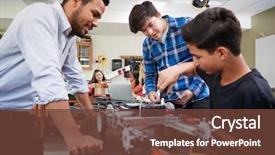  Presentation with robotic vehicle - Slide set having education - teacher with male pupils building background and a tawny brown colored foreground
