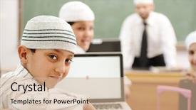  Presentation with children education - Slide set having youth islam - education activities in classroom background and a soft green colored foreground