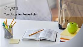  Presentation with education supplies - Slide deck enhanced with education-and-learning-concept-close background and a light gray colored foreground