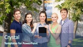  Presentation with technology students - Audience pleasing PPT theme consisting of education and modern technology concept - smiling students showing blank tablet pc computer screen backdrop and a ocean colored foreground