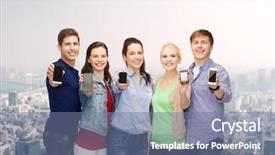  Presentation with technology students - Presentation theme consisting of education and modern technology concept - smiling students showing blank smartphones screens background and a seafoam green colored foreground