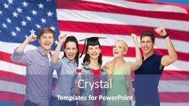  Presentation with corner - Slide set enhanced with education and people concept - group of standing smiling students with diploma and corner-cap background and a ocean colored foreground