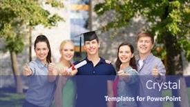  Presentation with corner - PPT layouts with education and people concept - group of standing smiling students with diploma and corner-cap showing thumbs up background and a ocean colored foreground