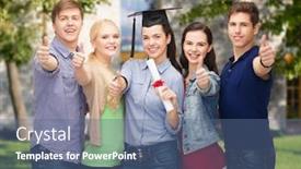  Presentation with corner - PPT theme with education and people concept - group of standing smiling students with diploma and corner-cap showing thumbs up background and a ocean colored foreground