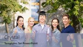  Presentation with corner - Slide deck consisting of education and people concept - group of standing smiling students with diploma and corner-cap showing thumbs up background and a light blue colored foreground