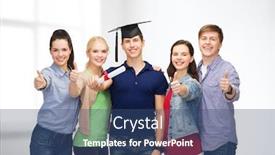  Presentation with corner - Amazing PPT layouts having education and people concept - group of standing smiling students with diploma and corner-cap showing thumbs up backdrop and a ocean colored foreground