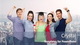  Presentation with corner - Slide set with education and people concept - group of standing smiling students with diploma and corner-cap background and a ocean colored foreground