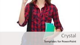  Presentation with education - Slides having education and people concept - smiling female student in eyeglasses with bag and notebooks showing direction background and a white colored foreground