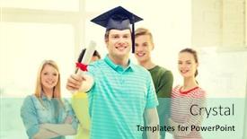  Presentation with corner - Colorful PPT layouts enhanced with education and people concept - smiling male student with diploma and corner-cap and friends on the back backdrop and a seafoam green colored foreground