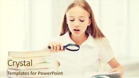  Presentation with girl reading - Slide set having education and school concept - little student girl reading book with magnifier at school background and a cream colored foreground