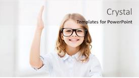  Presentation with school - Colorful PPT layouts enhanced with education and school concept - little student girl studying and raising hand at school backdrop and a lemonade colored foreground