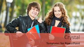  Presentation with college - Beautiful PPT layouts featuring education and students happy young college student with notebooks on bench backdrop and a red colored foreground
