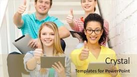  Presentation with technology students - Audience pleasing slide deck consisting of education and technology concept - smiling students with tablet pc computer sitting on staircase and showing thumbs up backdrop and a yellow colored foreground