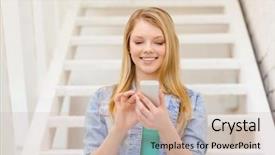  Presentation with technology education - Cool new PPT layouts with smiling female student with smartphone backdrop and a soft green colored foreground