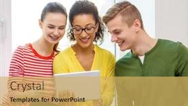  Presentation with technology students - PPT theme with education and technology concept - smiling students with tablet pc computer at school background and a yellow colored foreground