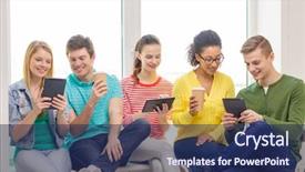  Presentation with school technology - PPT layouts consisting of group multiracial women sitting - education and technology concept background and a navy blue colored foreground