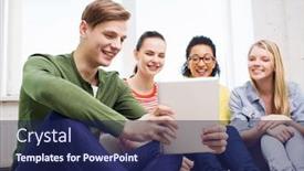  Presentation with technology students - Beautiful presentation theme featuring education and technology concept - smiling students making picture with tablet pc computer at home backdrop and a navy blue colored foreground