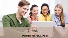  Presentation with technology students - PPT theme featuring education and technology concept - smiling students making picture with tablet pc computer at home background and a mint green colored foreground