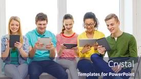  Presentation with school technology - Audience pleasing theme consisting of education and technology concept - smiling students with tablet pc computer at school backdrop and a navy blue colored foreground