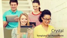  Presentation with technology students - PPT layouts featuring education and technology concept - smiling students with tablet pc computer sitting on staircase background and a blonde colored foreground