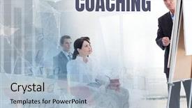  Presentation with business coaching - Slide deck featuring staff meeting teachers - coaching text and business economics background and a light blue colored foreground