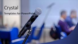  Presentation with microphone - Amazing PPT theme having microphone close up backdrop and a light blue colored foreground