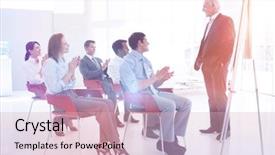  Presentation with staff meeting - Slide set with staff meeting teachers - senior businessman giving a conference background and a light blue colored foreground