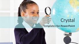  Presentation with looking glass - PPT layouts consisting of education blue - primary schoolgirl looking at globe background and a arctic colored foreground
