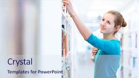  Presentation with college - Beautiful PPT theme featuring female college student in a library shallow dof color toned image backdrop and a sky blue colored foreground