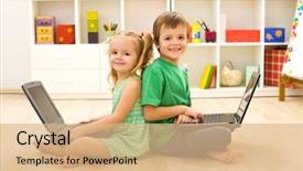  Presentation with happy korean kids - Beautiful presentation featuring education boy girl - happy kids with laptops sitting backdrop and a  colored foreground