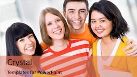  Presentation with camera - PPT theme featuring education boy girl - happy students looking at camera background and a coral colored foreground