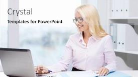  Presentation with technology education - Slide set having education business and technology concept - smiling businesswoman or student in eyeglasses with laptop computer and documents in office background and a white colored foreground