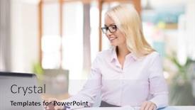  Presentation with technology education - Cool new presentation theme with education business and technology concept - smiling businesswoman or student in eyeglasses with laptop computer and documents over office room background backdrop and a light gray colored foreground